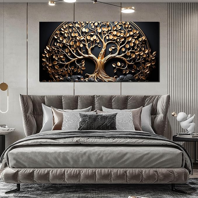 Tree Pictures Wall Decor Bedroom Black and Gold Wall Art for Living Room Large Wall Art for Office Large Size 29" x 58"