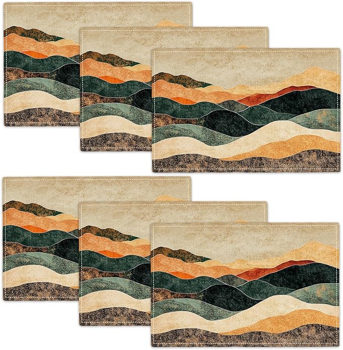 Southwestern Placemats Set of 6, Colorful Art Place Mats, Rustic Mountain Painting Dining Table Mats, Washable Abstract Modern Placemats for Kitchen Dining Room 18L'' × 12W''