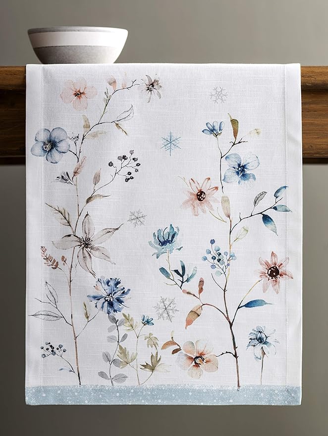 Maison d' Hermine Table Runner 100% Cotton Single Layer Table Runners 60 inches Long for Thanksgiving Christmas Decorations Home Kitchen Dining Party Wedding (Ice Florals, 14.5" x 60")