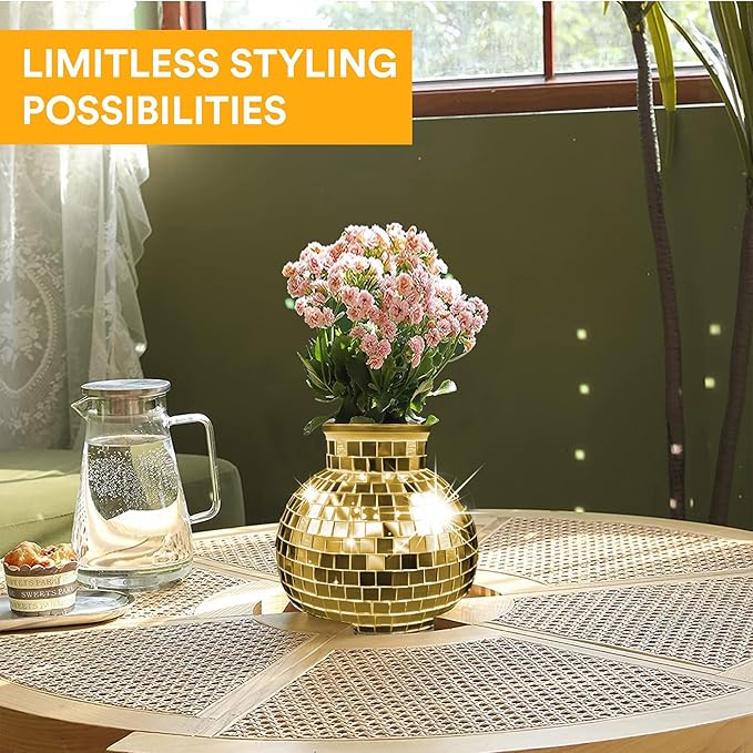 Disco Ball Planter | 7” Disco Ball Vase for Flowers & Plants | Handmade Gold Color Square Large Mirrors Center Piece | for Indoor & Outdoor Decor | Disco Ball Plant Holder Gold