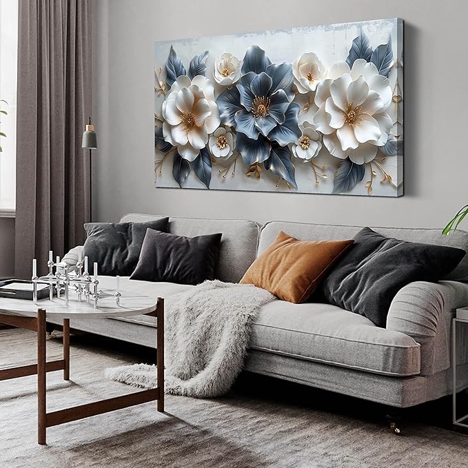 Blue and White Flower Pictures for Living Room Teen Bedroom Decor for Girls Wall Art for Women Office Decor Size 24" x 48"