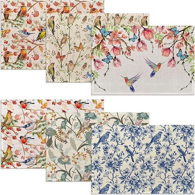 Vintage Flower Bird Placemats Set of 6, 12x18 Inch Waterproof Stain Resistant Linen Table Placemats Summer Seasonal Farmhouse Kitchen Party Decor Home Decor