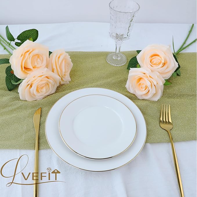 12pcs Artificial Rose Flower Champagne Flower with Long Stem Silk Roses Bouquet for Wedding Bridal Shower Party Home Decoration