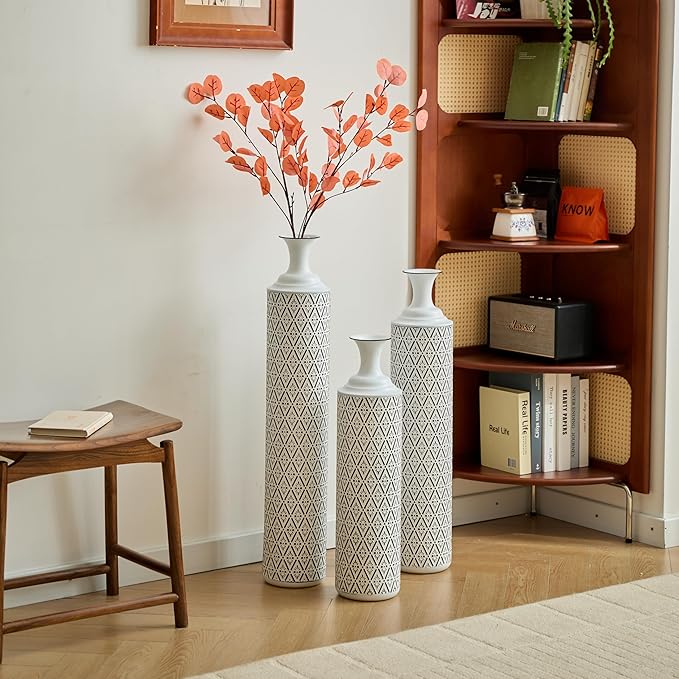 Floor Vases, Tall Home Decor Metal Vase Set of 3 Large Glazed Decorative Vases for Wedding Decor, Elegant Modern Flower Holder for Living Room, Entryway, Hallway, Dining Room