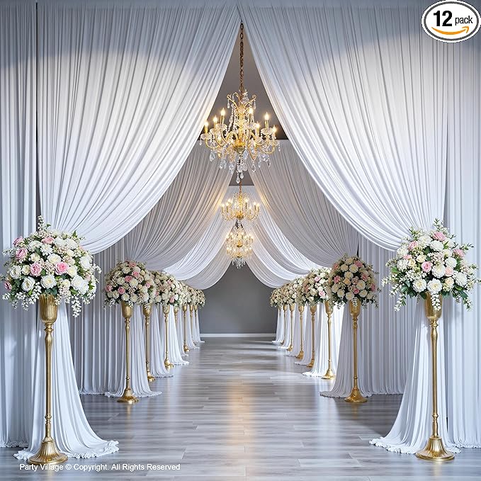 PartyVillage 60ft×15ft White Backdrop Curtain for Wedding Parties, 12 Panels Wrinkle Free 15 FT Long Polyester Photo Backdrop Drapes Back Drop Cloth for Birthday Photography Background