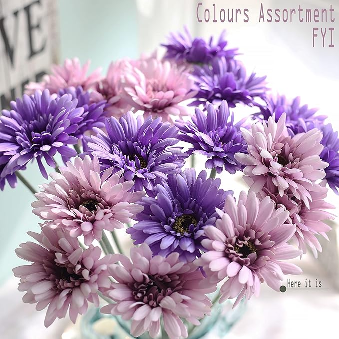 12pcs Artificial Gerbera Daisies,22 Inch Long Stem Silk Daisy Flowers,Realistic Artificial Flower Mums for Home Décor Centerpiece Wreath Supplies Wedding Bouquet,Elegant Purple