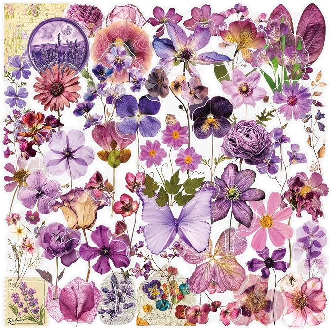 Transparent Aesthetic Purple Flowers Stickers 50 PCS, Waterproof Vinyl Decals for Tumblr, Water Bottles, Laptops, Journals, Scrapbooking, Cute Decorative Stickers for Teens, Girls & Adults