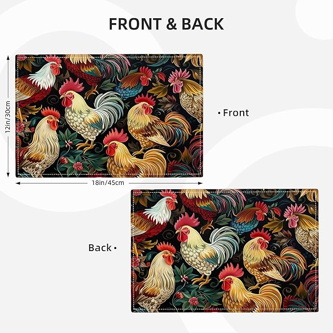 Rooster Placemats Set of 4 Rustic Country Farm Chicken Table Mats Washable Place Mats for Home Party Indoor Kitchen Dining Table Decoration 12x18 Inch