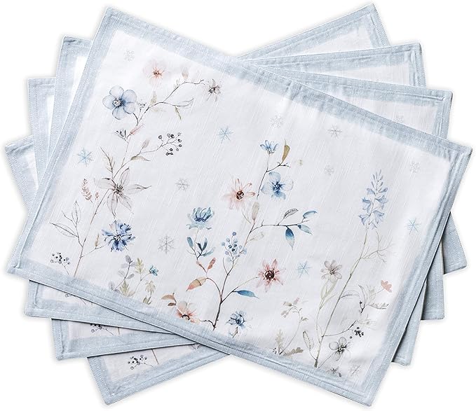 Maison d' Hermine Placemats Set of 4 100% Cotton Washable Cloth Place Mats, Reusable Table Mats for Thanksgiving Christmas Decorations Kitchen Dining Party Wedding Restaurant (Ice Florals, 13" x 19")