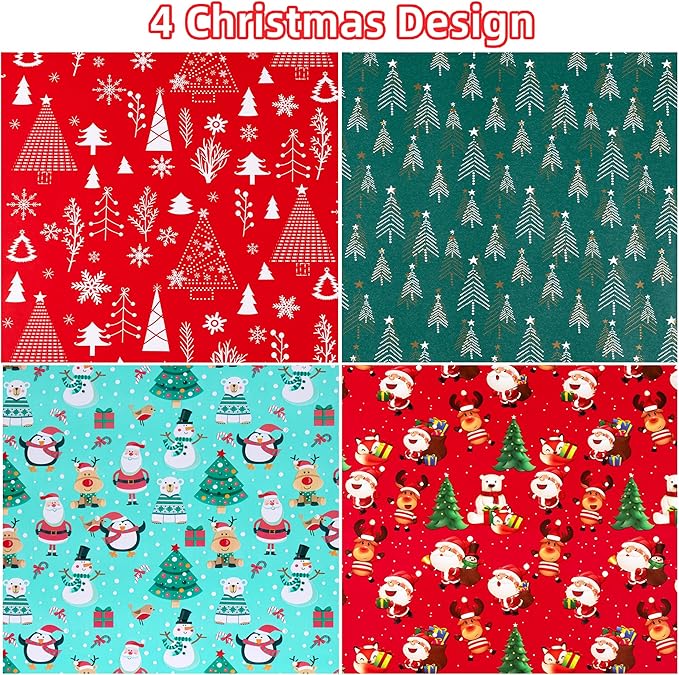 Christmas Wrapping Paper (4 Rolls, 148 sq. ft. ttl): Funny Snowmen, Snowflakes, Reindeer, Bear, Christmas Trees and Santa Claus with Gifts Design for Holiday Gift Wrap- 30 Inches x 14.8 Feet Per Roll