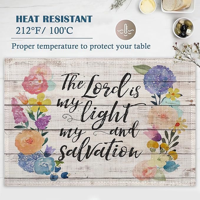 Wooden Flower Love Placemats Set of 4, Linen Place Mats Heat Resistant Non-Slip Washable Table Mats for Dining Kitchen Party Decor 12"x18"