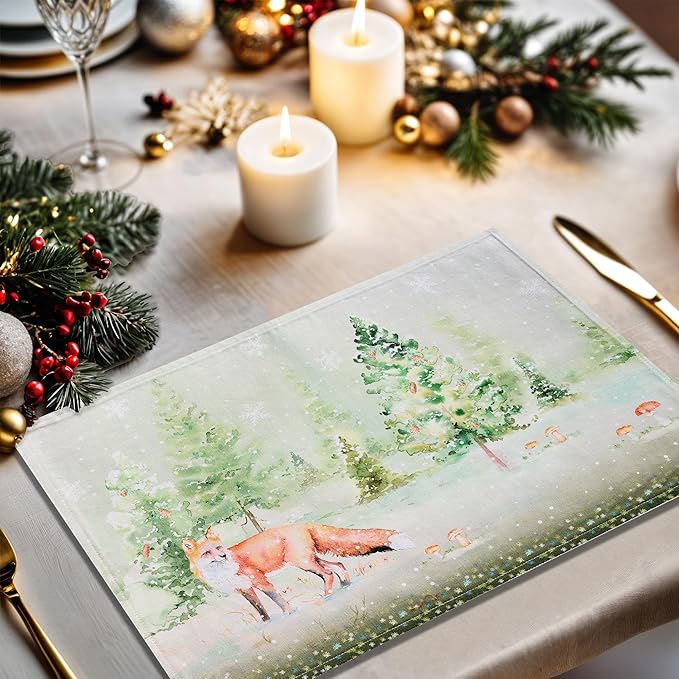 Maison d' Hermine Placemats Set of 4 100% Cotton Washable Cloth Place Mats, Reusable Table Mats for Thanksgiving Christmas Decorations Kitchen Dining Party Wedding (Winter Mornings, 13" x 19")