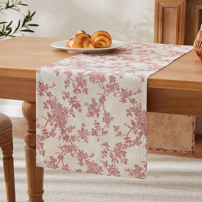 100% Cotton French Pastoral Table Runners, 13x60 Inch red Farmhouse Table Runners 60 Inches Long, Vintage Flowers Print Home Decors