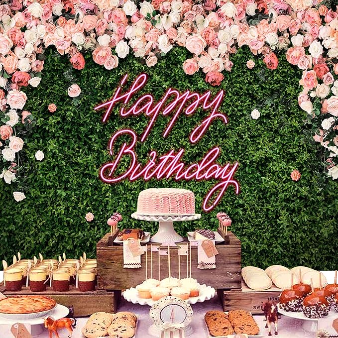 Riyidecor Happy Birthday Backdrop for Women，Girls Flower Wall Pink Rose，Green Leaves Floral Blossom Botanical Plant Nature 7Wx5H Feet Photography Background 30 Birthday Photo Studio Shoot Fabric