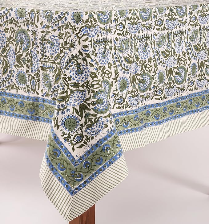 ATOSII Clover Blue 100% Cotton Square Fall Tablecloth, Handblock Floral Linen Table Cloth for Kitchen Dining Table I Parties Christmas Thanksgiving I Fall Home Decor 60 X 60 Inches I 4 Seater