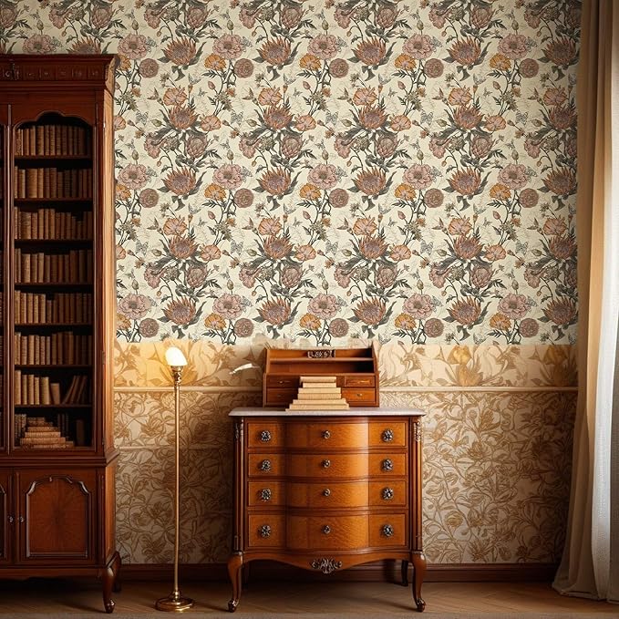 Floral Wallpaper Peel and Stick Floral Contact Paper Yellow and Pink Vintage Wall Paper Removable Self Adhesive Vinyl Stick on Wallpaper for Bathroom Bedroom Decor 17.3in x 400in