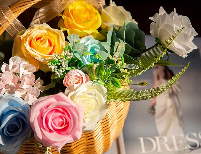 DuHouse 10pcs Fake Roses Artificial Silk Flowers Faux Rose Flower Long Stems Bouquet for Arrangement Wedding Centerpiece Party Home Kitchen Decor (Pure White)