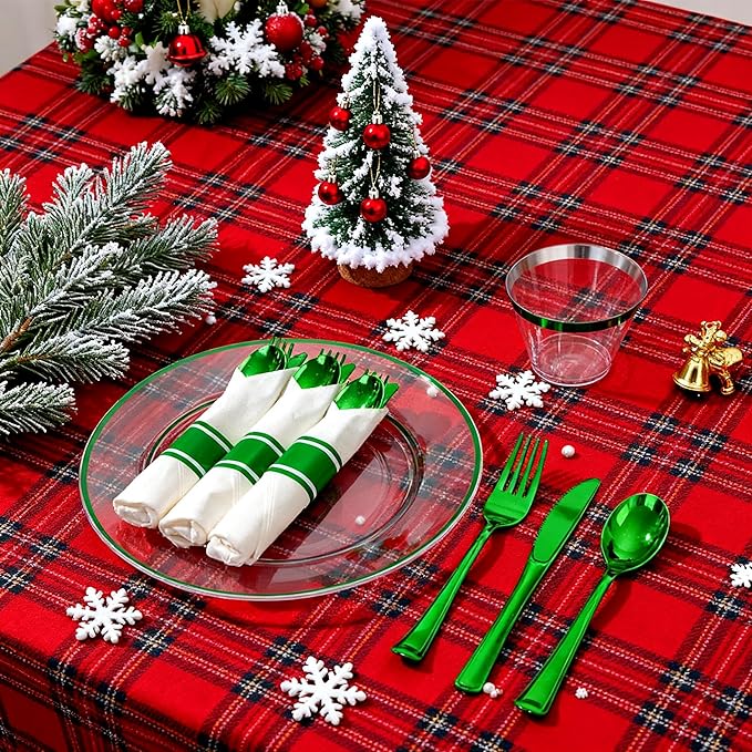 SUT 175 Pcs Green and Clear Plastic Dinnerware Set for 25 Guests, Include: 25 Dinner Plates, 25 Dessert Plates, 25 Pre Rolled Napkins With Silverware, 25 Cups, Disposable Plates for Party, Christmas