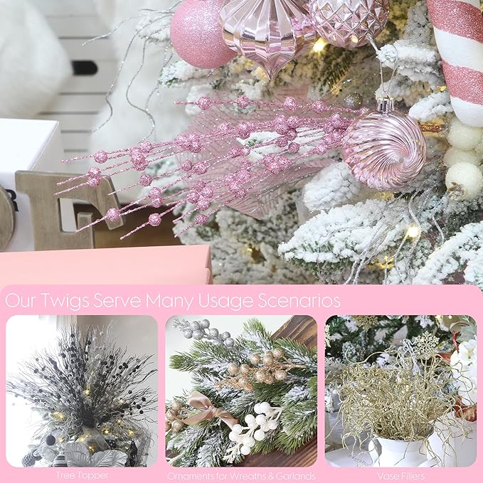 Sea Team 24-Pack Artificial Glitter Berry Stem Ornaments, Decorative Bead Sticks, Glittery Twigs, Picks, Branches for Christmas Tree, Small Vase, Holiday, Wedding, Party (17 Inches, Pink)