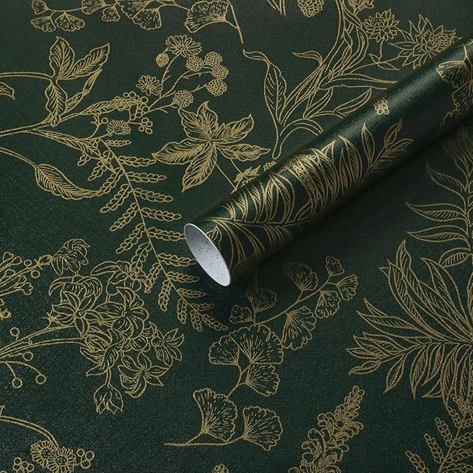 Peel and Stick Wallpaper Dark Green and Gold Floral Wallpaper Vintage Flower and Leaf Contact Paper for Cabinets Self-Adhesive Removable Wallpaper for Bedroom Bathroom Kitchen 394"x17.3"