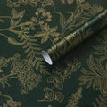 Peel and Stick Wallpaper Dark Green and Gold Floral Wallpaper Vintage Flower and Leaf Contact Paper for Cabinets Self-Adhesive Removable Wallpaper for Bedroom Bathroom Kitchen 197"x17.3"
