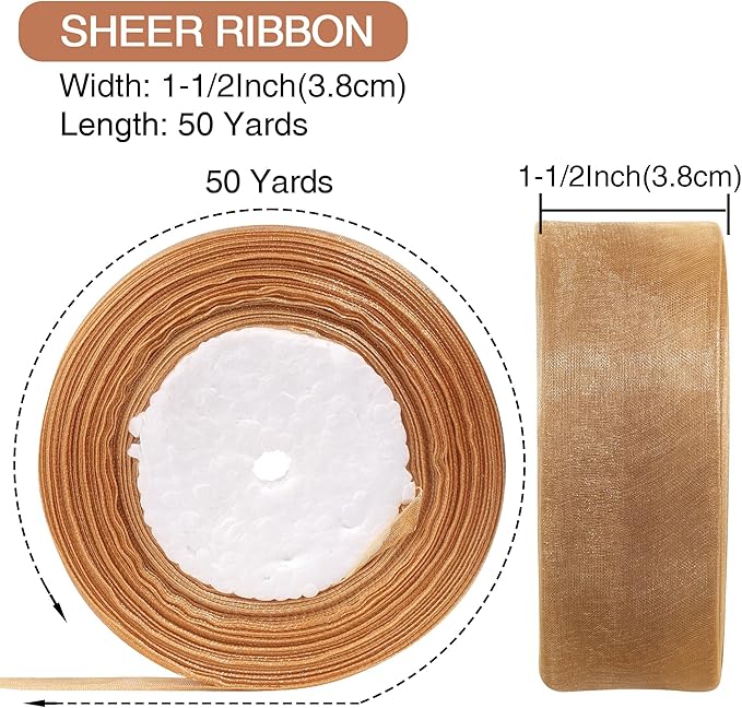 1-1/2 Inch x 50 Yards Sheer Organza Ribbon Chiffon Ribbon for Gift Wedding Flower Bouquet Wrapping Decorations Crafts (Gold)