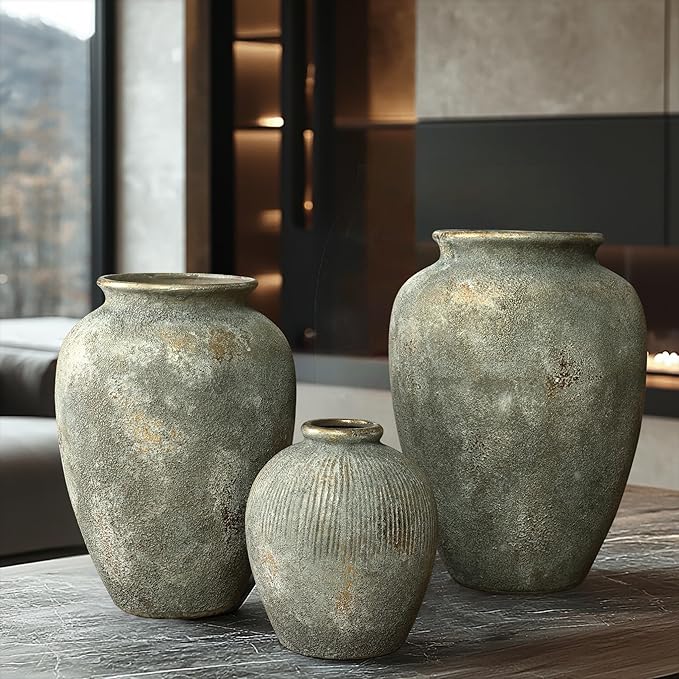 LuxenHome Ceramic Flower Vase, 13'' Gold and Brown Terracotta Urn Vase, Rustic Pottery for Dining Table Entry Way Table Home Decor, Farmhouse Vintage Pottery Living Room Home Decor