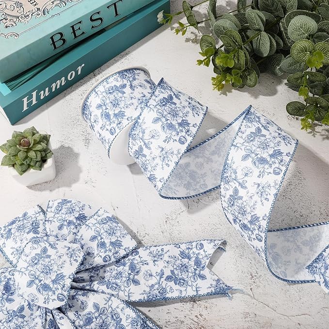Generic Floral Wired Edge Ribbon Blue Flower Craft Ribbon Chinoiserie Decorative Fabric Ribbon for DIY Crafts Wreath Bow Making, 12 Yards