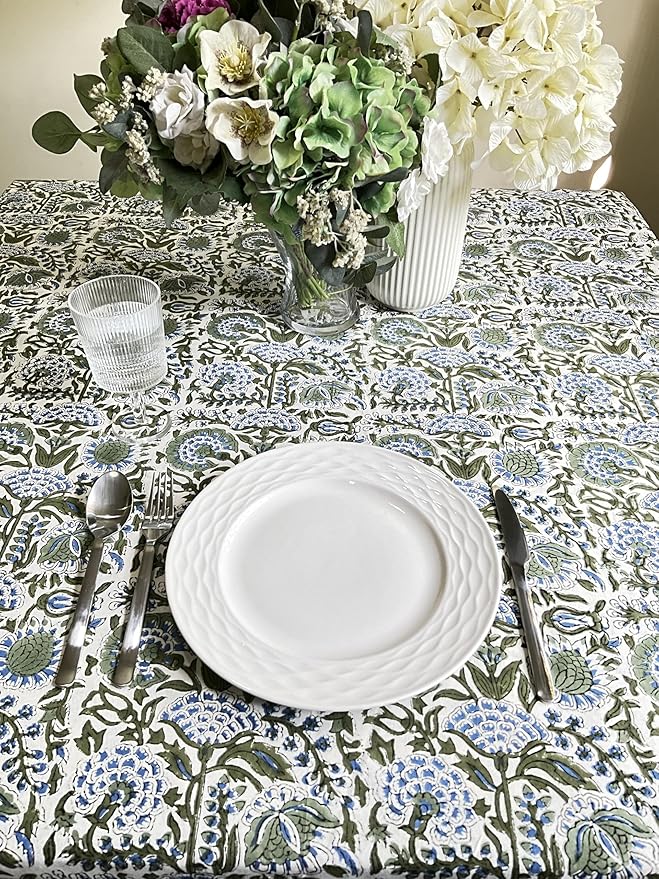 ATOSII Clover Blue 100% Cotton Rectangle Spring Tablecloth, Handblock Floral Linen Table Cloth for Dining Table I Parties Outdoors Fall Christmas Thanksgiving Holidays Decor 72 X 140 Inches, 12 Seater