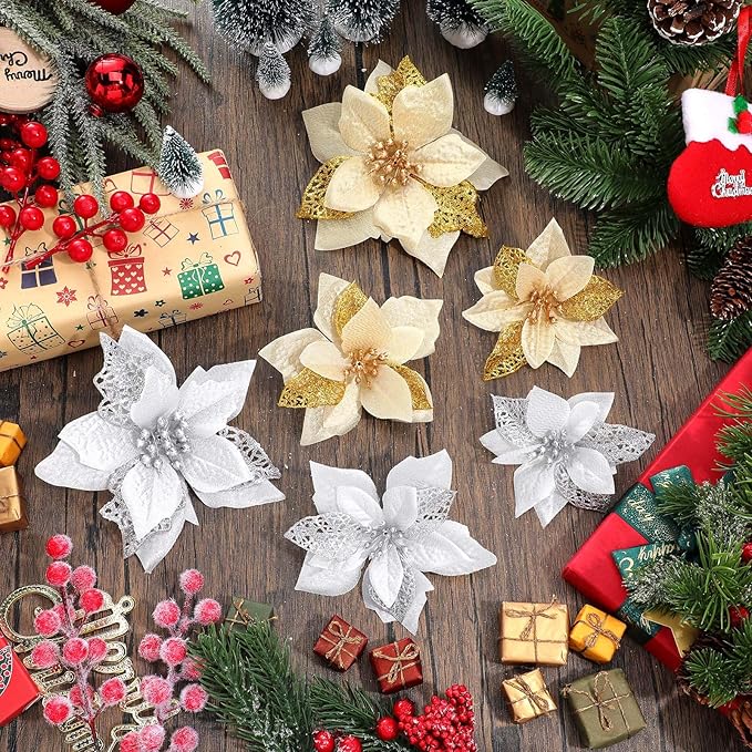 WILLBOND 36 Pieces Christmas Poinsettia Glitter Faux Flowers Christmas Artificial Flowers Tree Ornaments Topper Xmas Decorations (Gold, Silver)