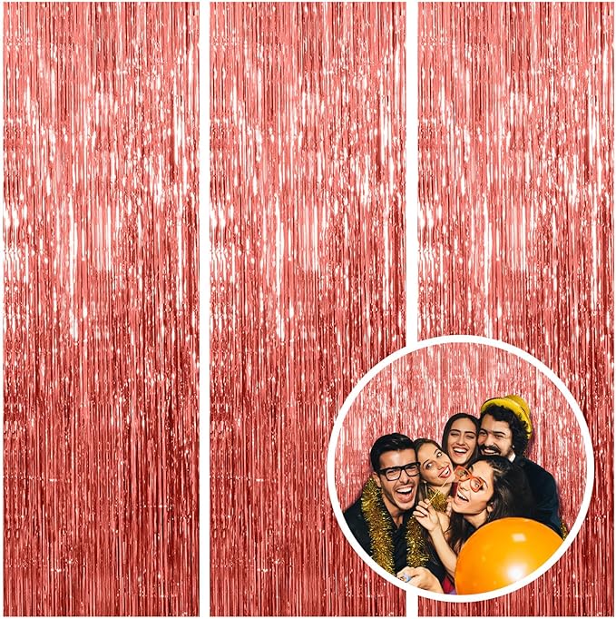 Rose Gold Party Decor 3 Pack - Bachelorette & Birthday Backdrop - Foil Fringe Tinsel Streamers - Christmas, Graduation & Baby Shower Party Decorations