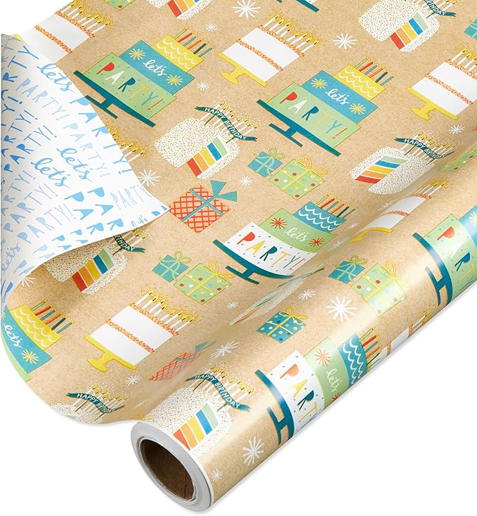 American Greetings 175 sq. ft. Reversible Wrapping Paper for Birthdays and All Occasions, Birthday Cakes and Gifts (1 Roll, 30 in x 70 ft.)