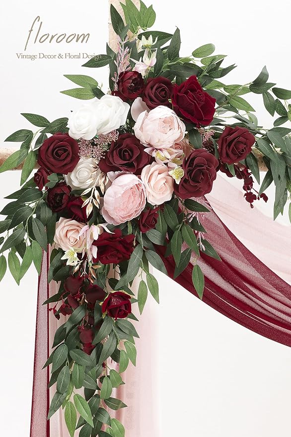 Floroom Arch Flowers with Drapes Kit (Pack of 4) - 2pcs Artificial Burgundy & Blush Floral Swag Arrangement with 2pcs Draping Fabric for Wedding Ceremony Arbor and Reception Backdrop Decoration