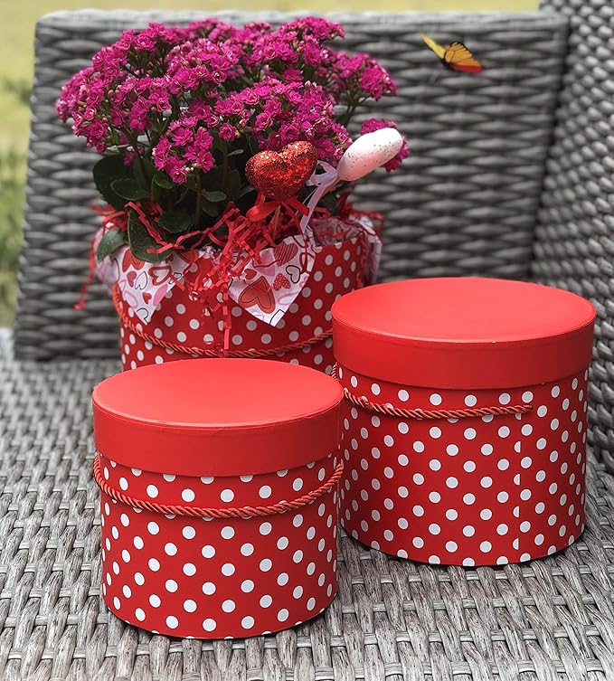 UNIKPACKAGING Premium Quality Round Flower Box, Gift Boxes for Luxury Flower and Gift Arrangements, Set of 3 pcs, (Red White Dots)