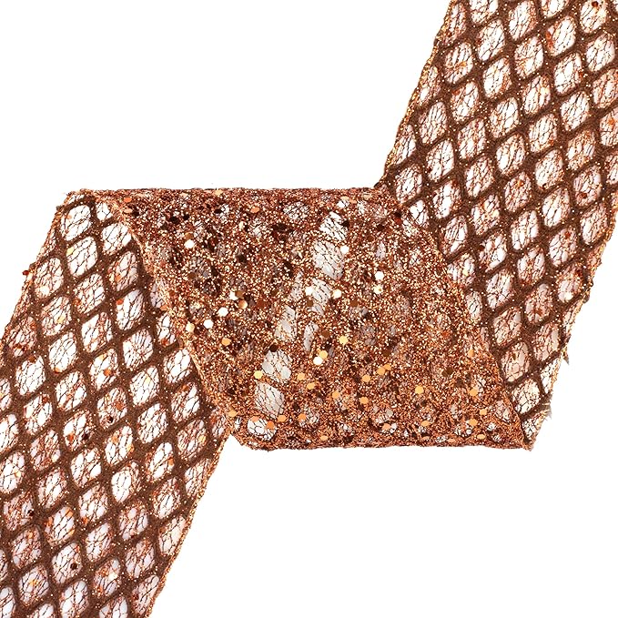VATIN 4" Copper Christmas Ribbon, Copper Glitter Mesh Diamond Web Sequin Dots Wired Christmas Ribbon for Gift Wrapping Bow Making Wreath Supply-10 Yards