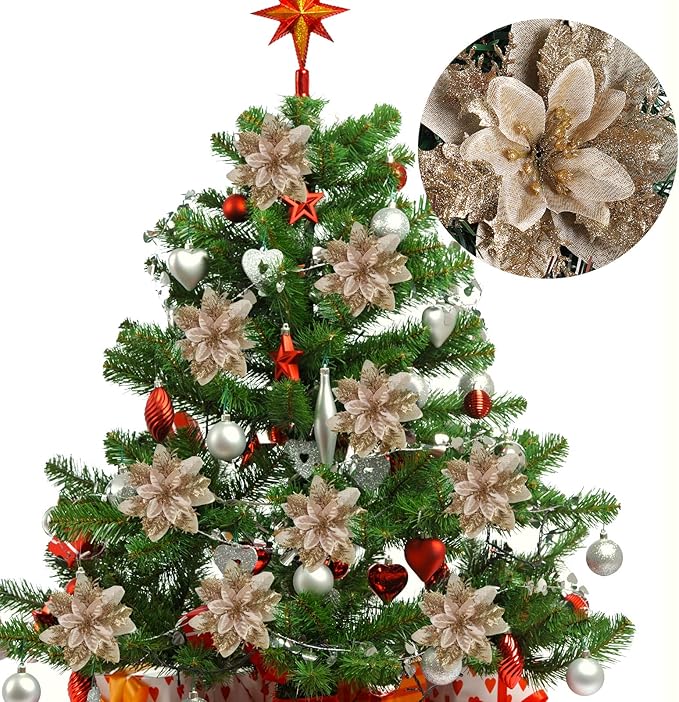 RECUTMS 10 Pcs Christmas Glitter Artificial Poinsettia Flowers 6 inch Christmas Wreath Christmas Tree Flowers Ornaments Holiday Seasonal Decorations for Xmas New Year Wedding Party (Gold)