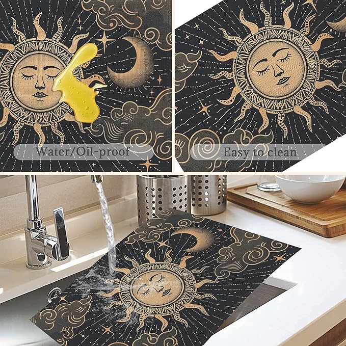 Moon Sun Zodic Placemats Set of 6,Washable Heat Resistant 12×18 Inch Linen Table Mats Witch Place Mats for Party Outdoor Dining Décor