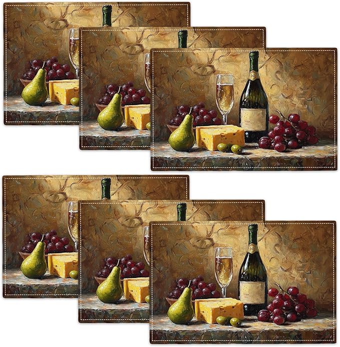 Wine Glass Placemats Set of 6, Rustic Country Winery Place Mats, Farmhouse Grape Dining Table Mats, Washable Placemats for Kitchen Dining Room Home Decor 18L'' × 12W''