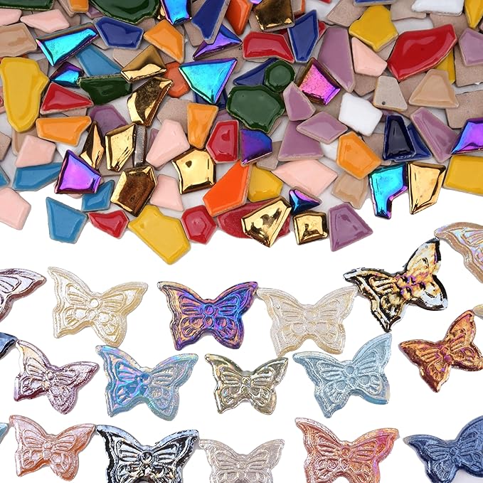 Irregular & Butterfly Mosaic Tiles for Crafts – 1.5 lb Bulk Pack (580g Irregular Tiles + 100g Butterfly Pieces), Assorted Colors, Shapes & Sizes for DIY Art & Home Decor