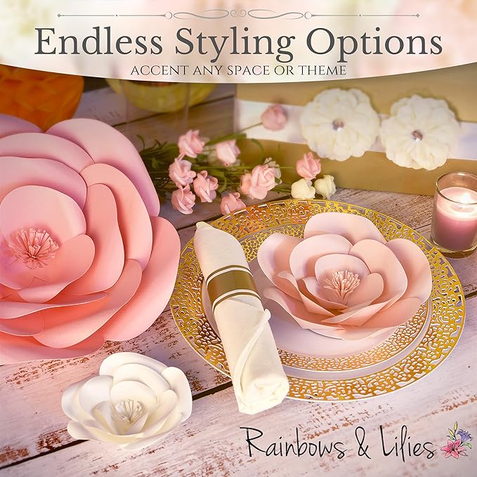 Rainbows & Lilies 15pc Large Paper Flowers Decorations for Wall - Reusable 3D Wall Decor for Girls Room, Nursery & Kids Bedroom - Pink & White Artificial Roses for Baby Shower, Wedding, Party Backdrop