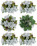 BLOSMON Poinsettias Artificial Christmas Flowers: 6 Pcs Silver Glitter Fake Christmas Floral Ball Centerpieces Decoration for Tables Silk Faux Poinsettia Holiday Flower Arrangement Xmas Plants Decor