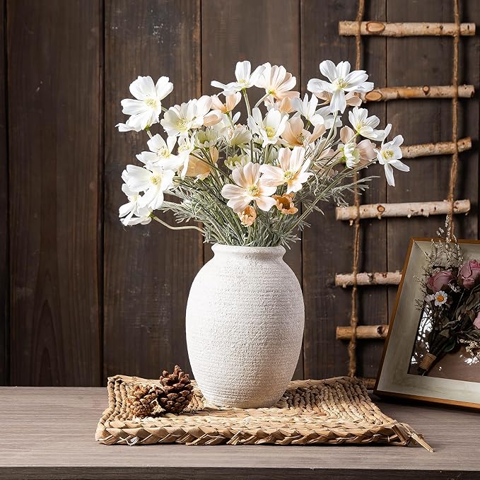 8 Inch White Ceramic Vase - Rustic Vintage Decorative Vase for Home - Farmhouse Pottery Vase for Flowers - Christmas Vase - Modern Vintage Dining Table Centerpiece ， Lyeec Vases Set