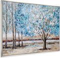 Yihui Arts Blue Tree Canvas Wall Art - Hand Painted Textured Abstract Forest Landscape Modern Artwork with Gold Foil Framed for Living Room, Bedroom, and Bathroom Decor