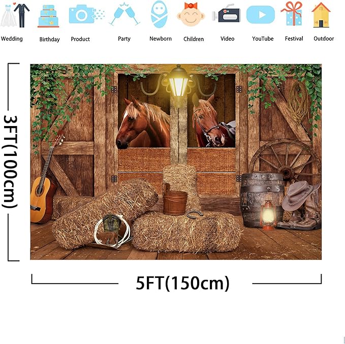 SVBright Western Backdrop 5Wx3H Cowboy Birthday Banner Wild West Horse Barn Door Old Wood Wheels Green Leaves Garage Door Boy Man Decorations Photography Background Banner Photo Booth Studio