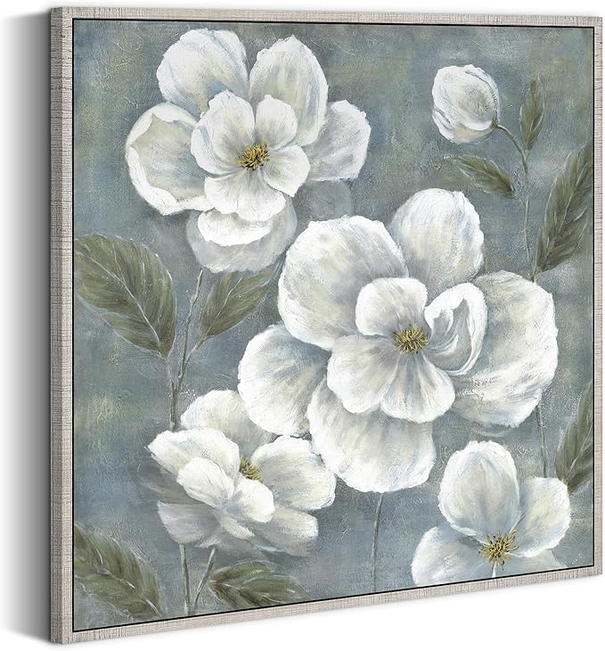 Floral Framed Canvas Wall Art - Vintage Blooming Gray Flowers Painting Abstract White Botanical Picture Modern Prints Artwork for Living Room