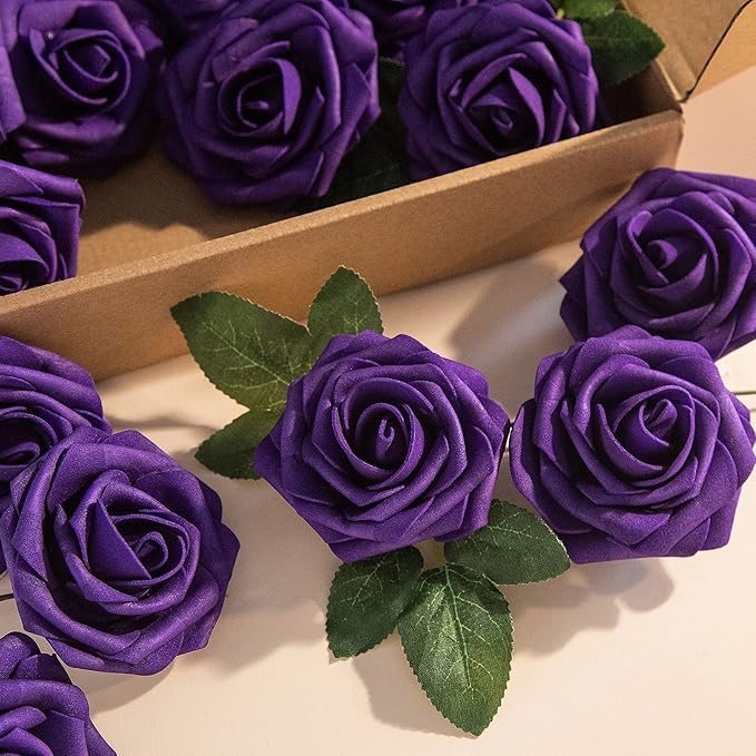 Hot Pink Foam Rose 50pcs Real Looking Fake Purple Rose with Stems Leaves for Home Decoration Party Garden Centerpieces DIY Wedding Bouquets（Hot Pink&Purple）