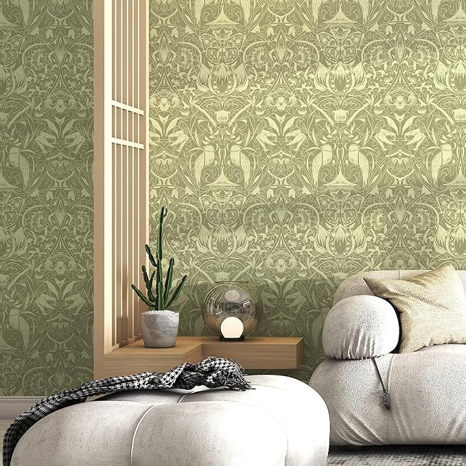 Vintage Peel and Stick Wallpaper Boho Bird Wall Paper Floral Contact Paper for Bedroom 17.3" X 197" Removable Wallpaper Self Adhesive Olive Green Botanical Decorative Wallpapers Bathroom Kitchen Vinyl