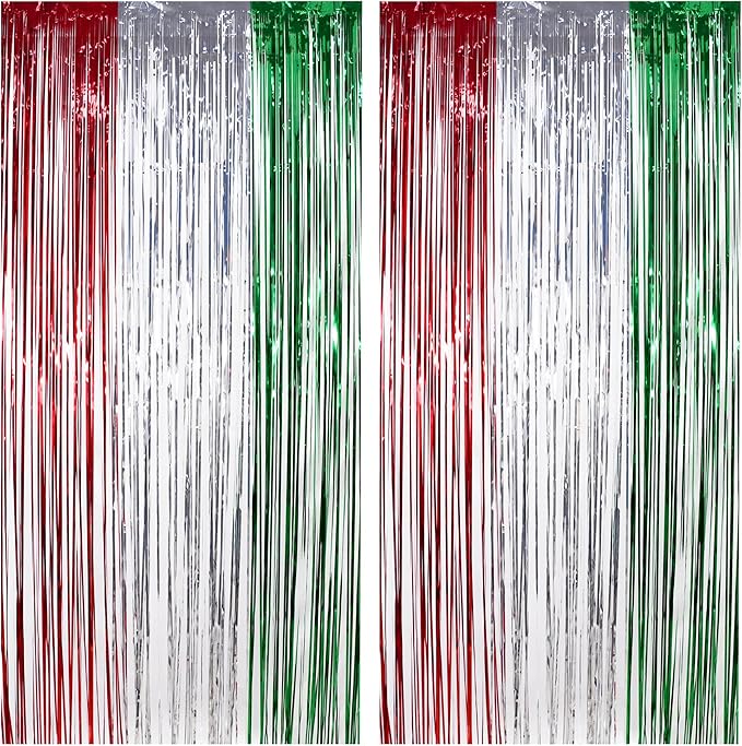 Red Green Silver Tinsel Curtain Backdrop - Christmas Party Decorations Foil Fringe Curtains for Photo Booth Props Xmas New Years Party Supplies - 2Pack 3.2×8.2ft