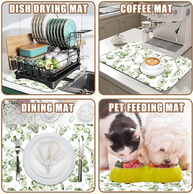 Eucalyptus Leaves Dish Drying Mat for Kitchen Counter Coffee Mat Hide Stain Absorbent Rubber Backed Drying Rack Pad Espresso Machine Coffee Bar Accessories 15.7 x 23.6 Inch