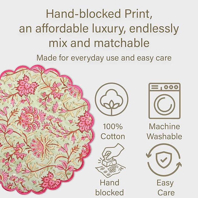 Ridhi Pistachio Green Hand Block Print Cotton15 Inch Round Set of 4 Reusable Washable PlaceMats Kitchen Dining Thanksgiving Halloween Christmas Weddings Everyday Use